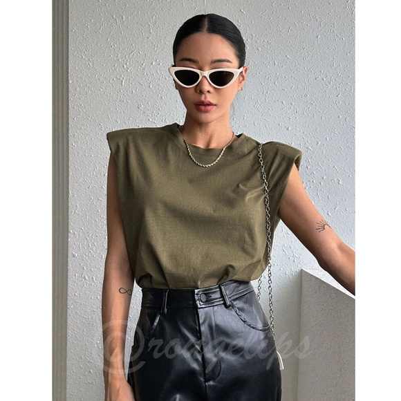 Cotton Padded Shoulders Army Green Muscle Tee Shirt Crew Neck - Picture 9 of 9